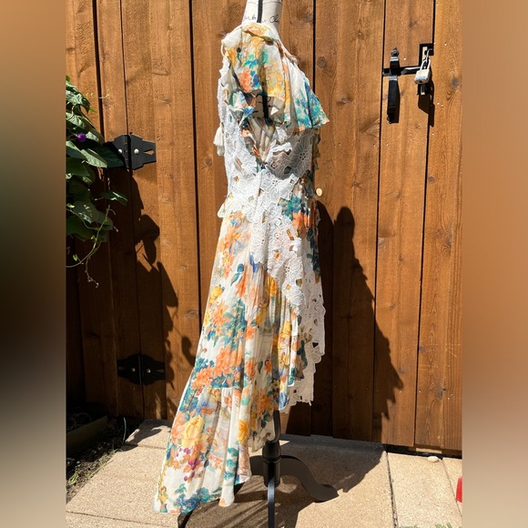 Anthropologie V-neck Ruffle Lace Dress Ivory Combo Floral Hi-Low Maxi Size 6 NWT - Picture 3 of 11